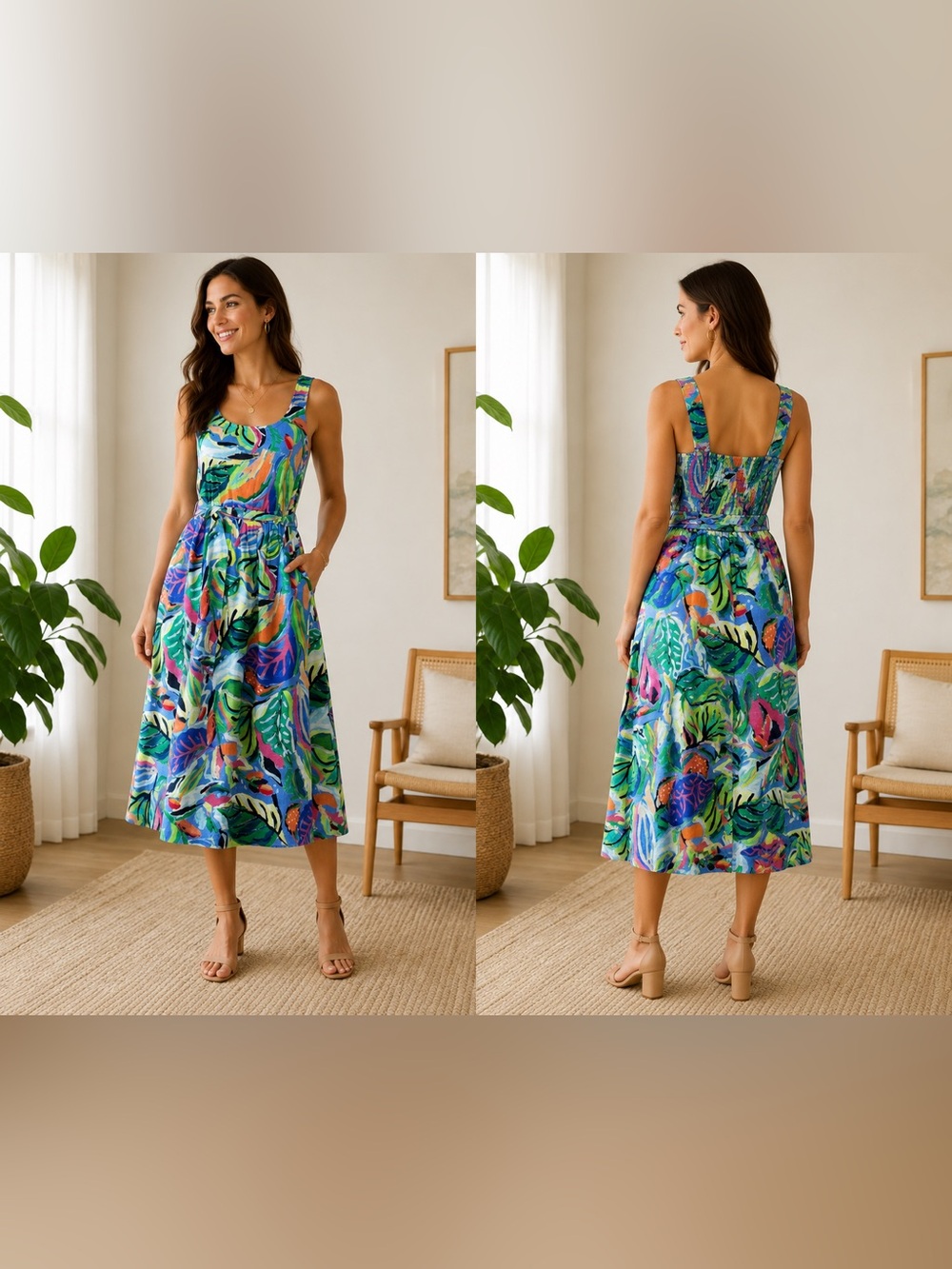 Nic+Zoe Sophie Island Beat Cotton Midi Sundress Floral Tropical Blue Xs Nwt — image 2 of 8